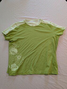 Lands End Green Performance T-Shirt With Floral Design Womens Size XL